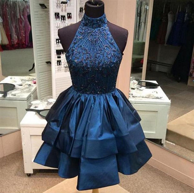 Grey Beaded Bow-Back Short Homecoming Dress