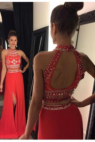 2 Piece Prom Dress, Red Prom Dress, Satin Prom Dress, Two ...